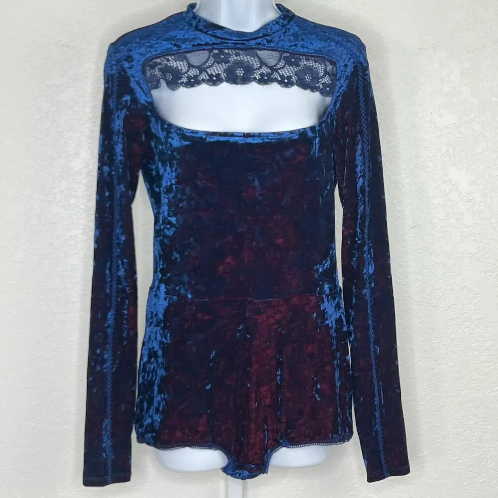 We Are HAH Hot as Hell Crushed Velvet Long sleeve Saffire&Ruby lace NWT M Whimsy